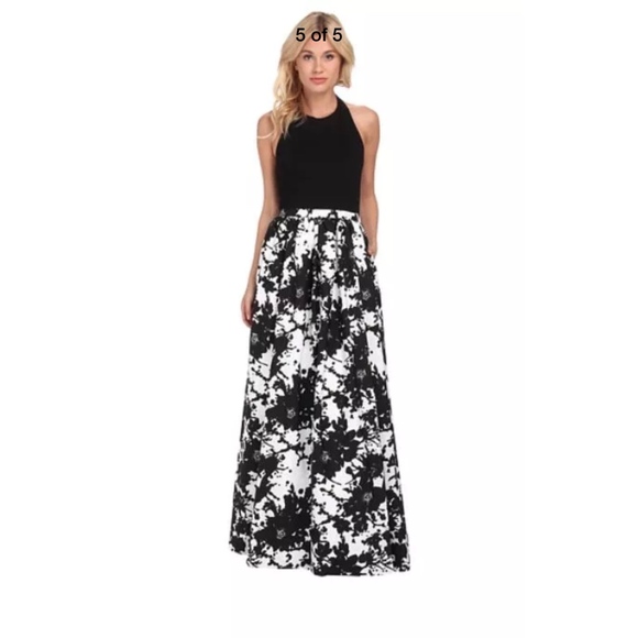 NWT Aidan by Aidan Mattox [sz 4‎ ] Floral Ponte & Taffeta Halter Gown Black - Picture 6 of 7